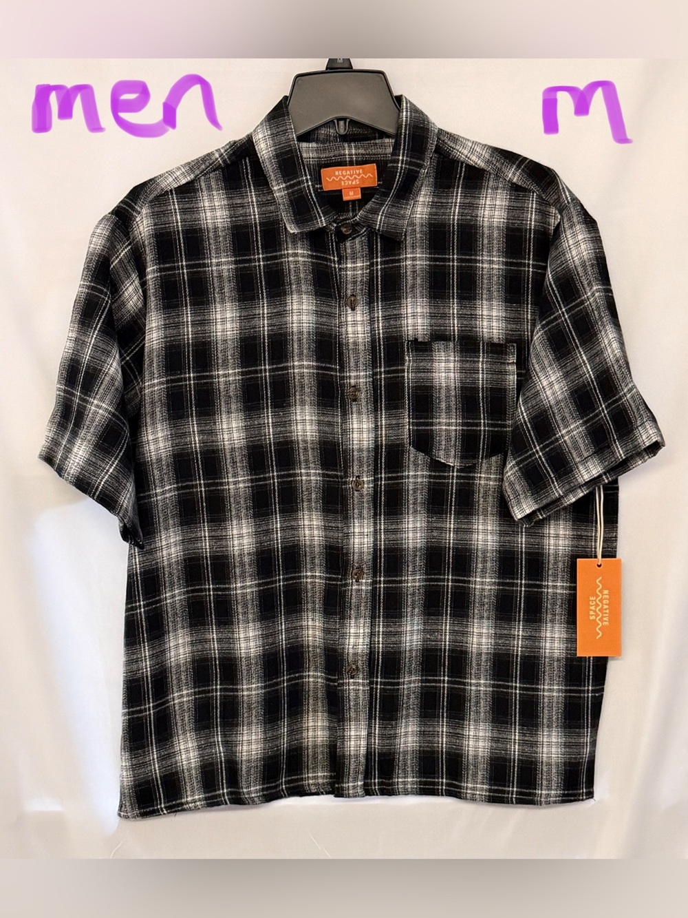 Men's Black & White Plaid Short-Sleeve Button-Down Shirt